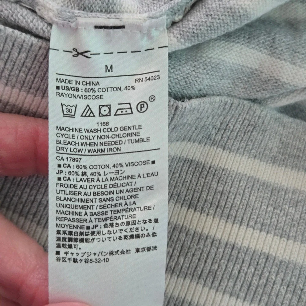 Banana Republic Mens Medium Gray White Striped Crewneck Knit Sweater Cotton